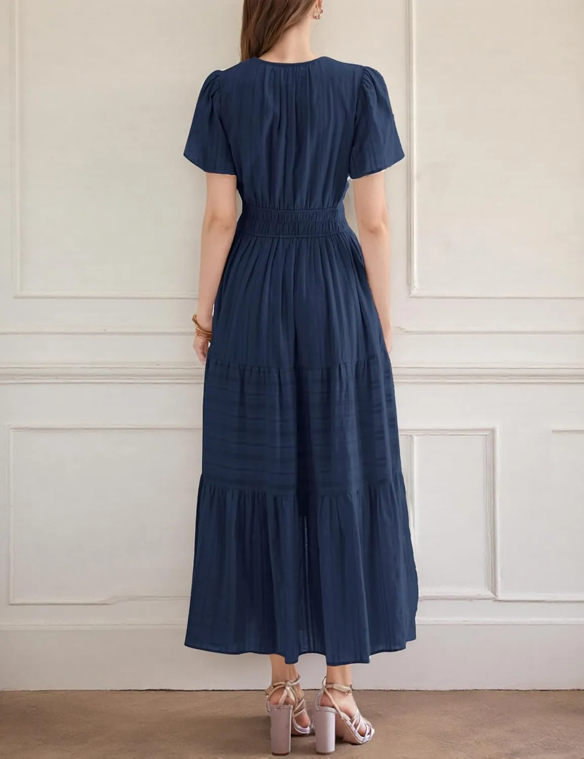 Womens Summer Midi Maxi Dresses Casual V Neck Short Sleeve Flowy A Line Boho Beach Dress with Pockets