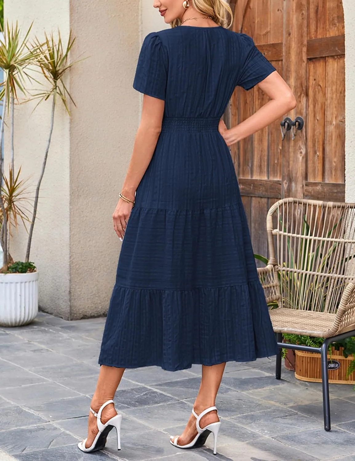 Womens Summer Midi Maxi Dresses Casual V Neck Short Sleeve Flowy A Line Boho Beach Dress with Pockets