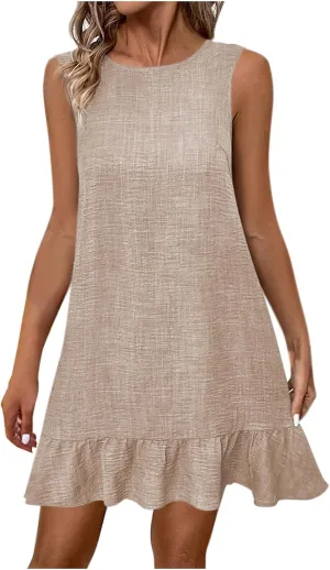 Womens Summer Mini Dress Sleeveless Scoop Neck Ruffle Hem Dresses Fashion Casual Holiday Beach Vacation Sundress