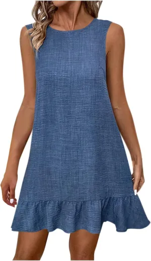 Womens Summer Mini Dress Sleeveless Scoop Neck Ruffle Hem Dresses Fashion Casual Holiday Beach Vacation Sundress