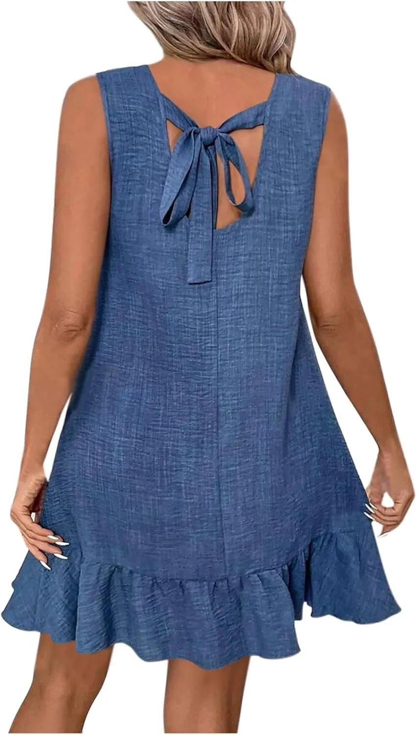 Womens Summer Mini Dress Sleeveless Scoop Neck Ruffle Hem Dresses Fashion Casual Holiday Beach Vacation Sundress