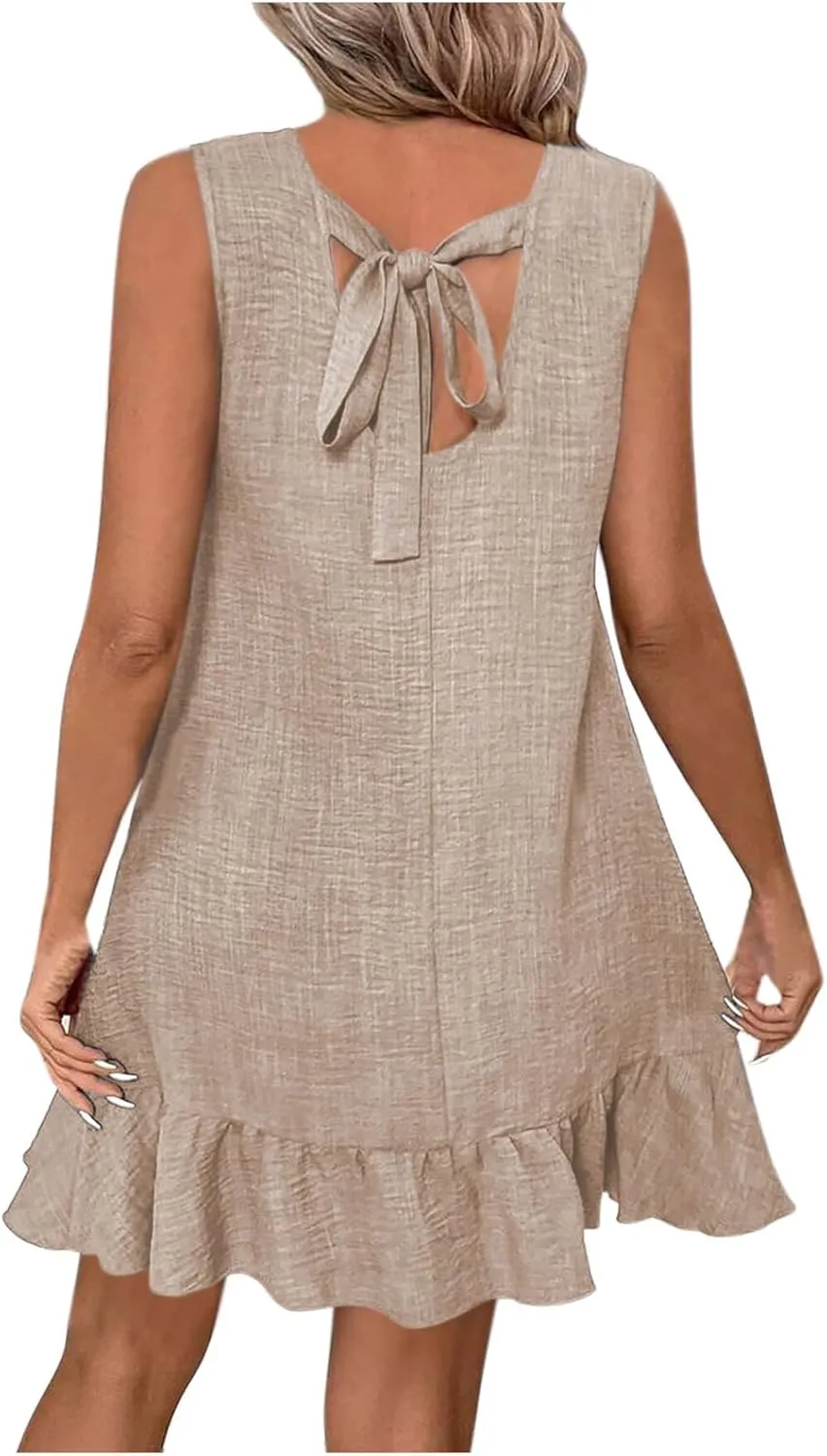 Womens Summer Mini Dress Sleeveless Scoop Neck Ruffle Hem Dresses Fashion Casual Holiday Beach Vacation Sundress