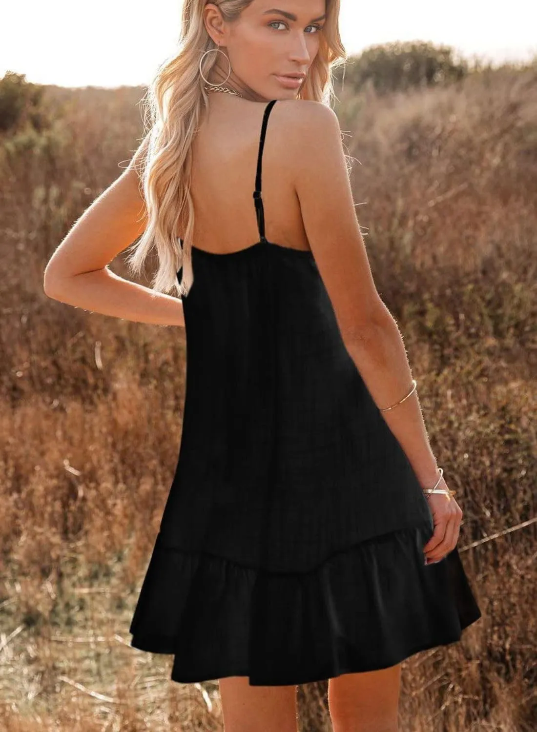 Women's Summer Pleated Hem Sling Dress Vacation Cute Cover Up Hollow Out Solid Color Midi Dress