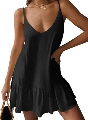 Women's Summer Pleated Hem Sling Dress Vacation Cute Cover Up Hollow Out Solid Color Midi Dress