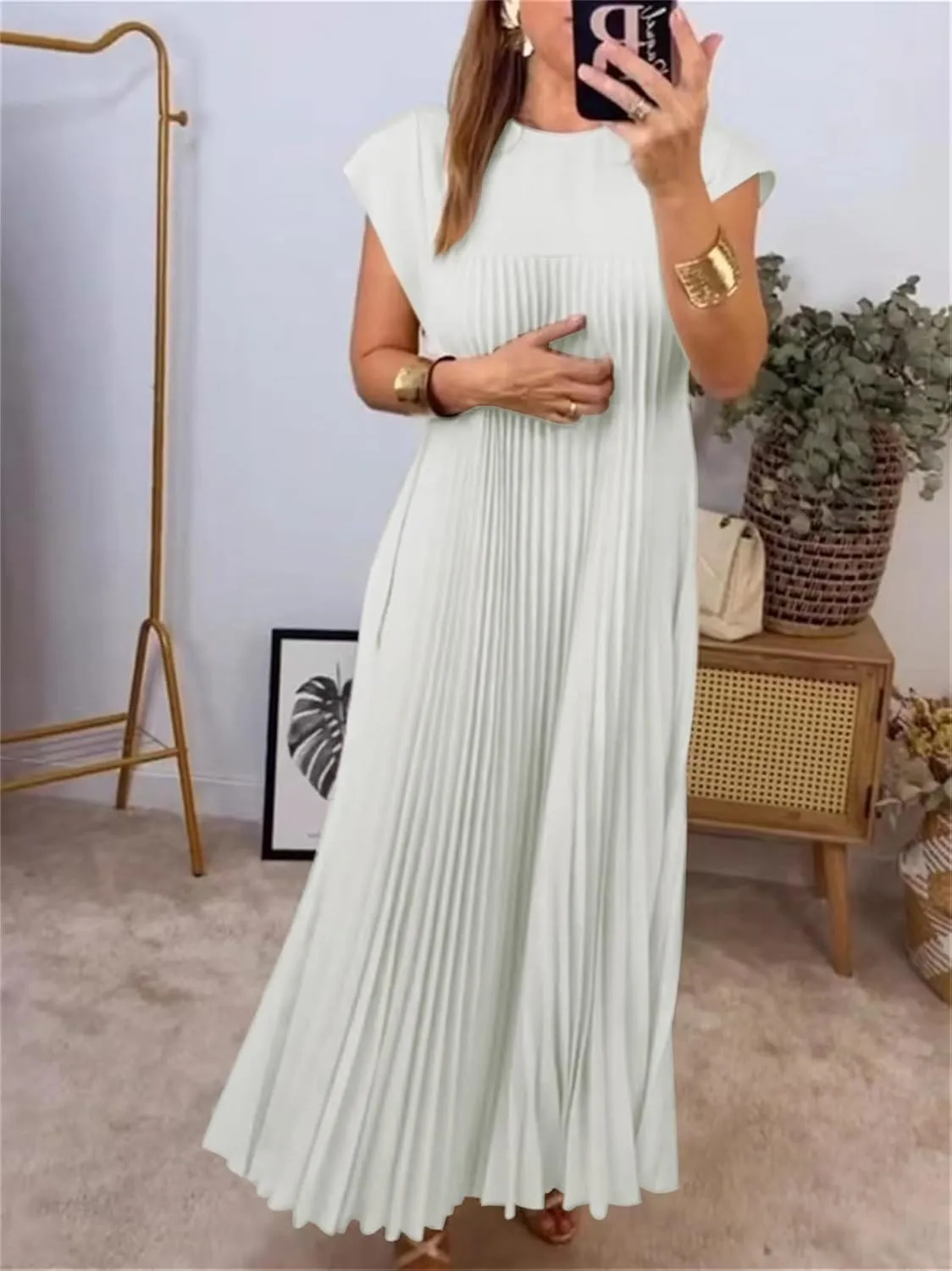 Women's Summer Pleated Maxi Dress 2024 Casual Cap Sleeve Loose Fit Flowy Long Dresses with Pockets