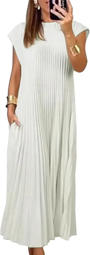 Women's Summer Pleated Maxi Dress 2024 Casual Cap Sleeve Loose Fit Flowy Long Dresses with Pockets