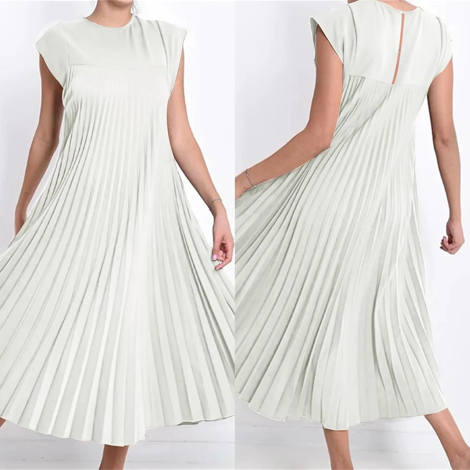 Women's Summer Pleated Maxi Dress 2024 Casual Cap Sleeve Loose Fit Flowy Long Dresses with Pockets