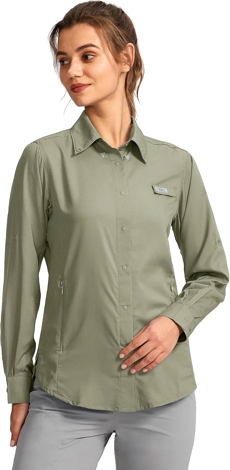 Womens Sun Protection Fishing Shirt with Zipper Pockets Lightweight SPF Long Sleeve Shirts for Hiking Safari