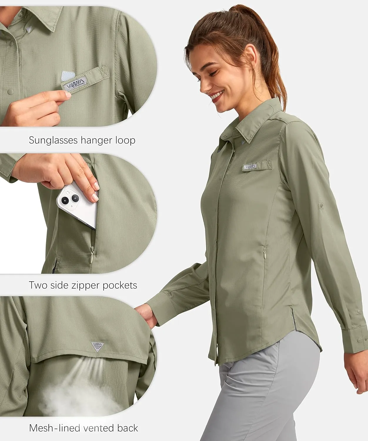 Womens Sun Protection Fishing Shirt with Zipper Pockets Lightweight SPF Long Sleeve Shirts for Hiking Safari