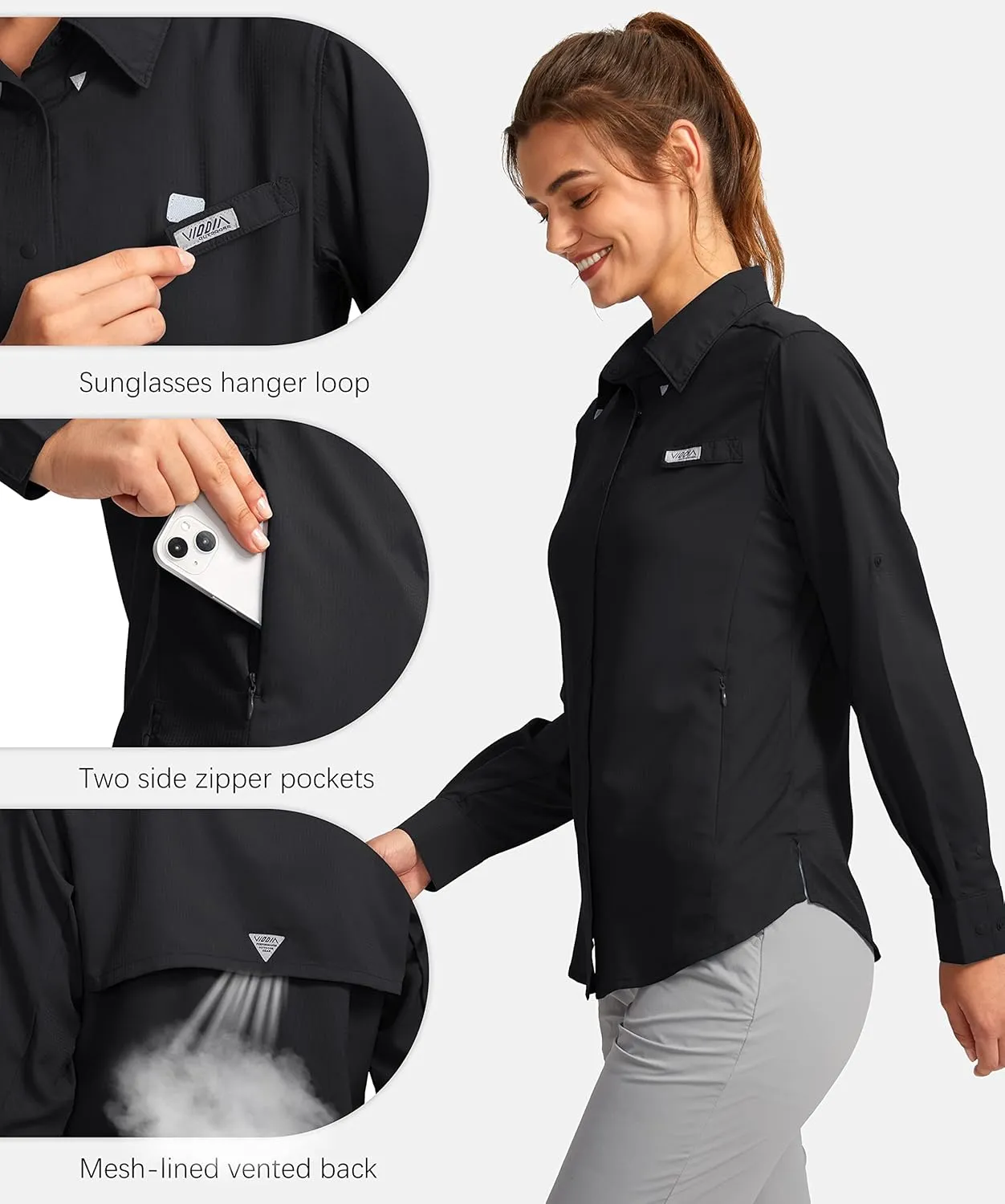 Womens Sun Protection Fishing Shirt with Zipper Pockets Lightweight SPF Long Sleeve Shirts for Hiking Safari