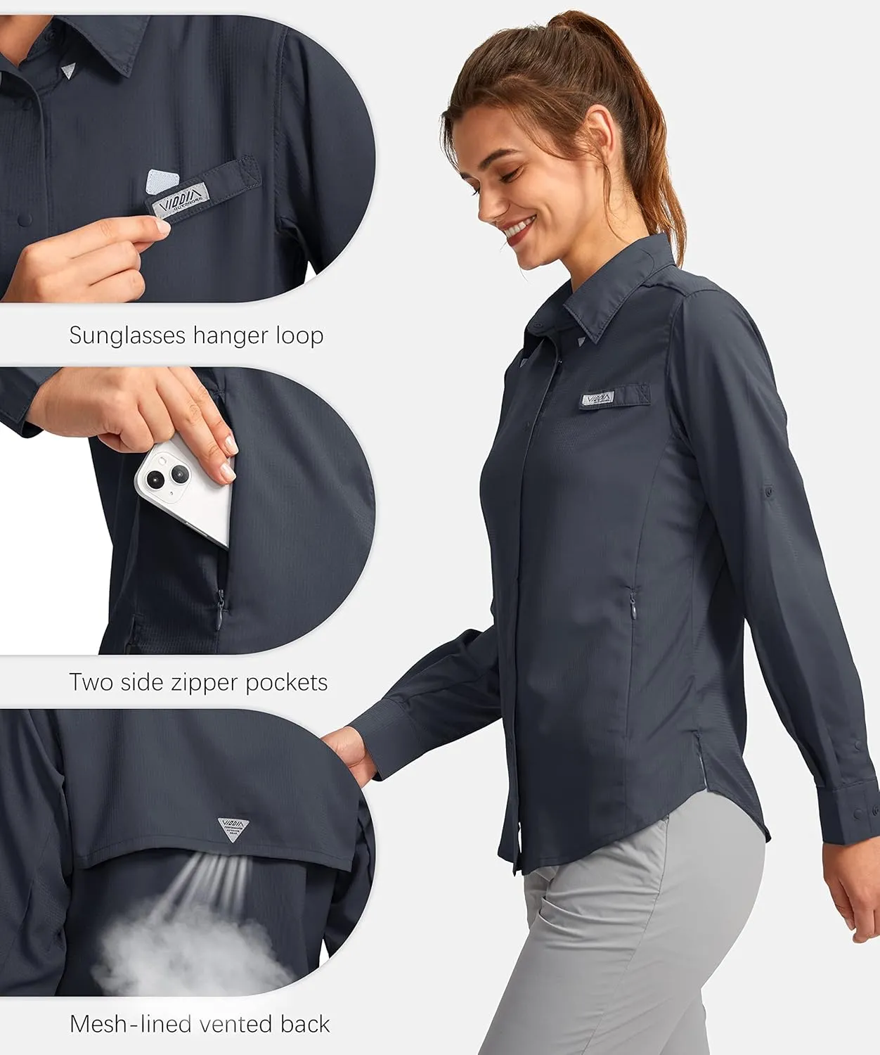Womens Sun Protection Fishing Shirt with Zipper Pockets Lightweight SPF Long Sleeve Shirts for Hiking Safari