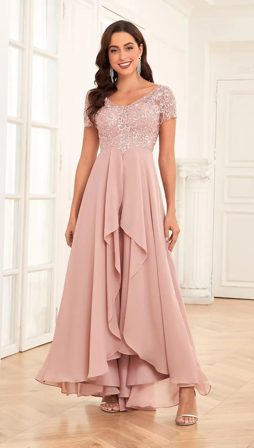 Women's Tea Length Mother of The Bride Dresses for Wedding with Sleeves Lace Applique Formal Dresses