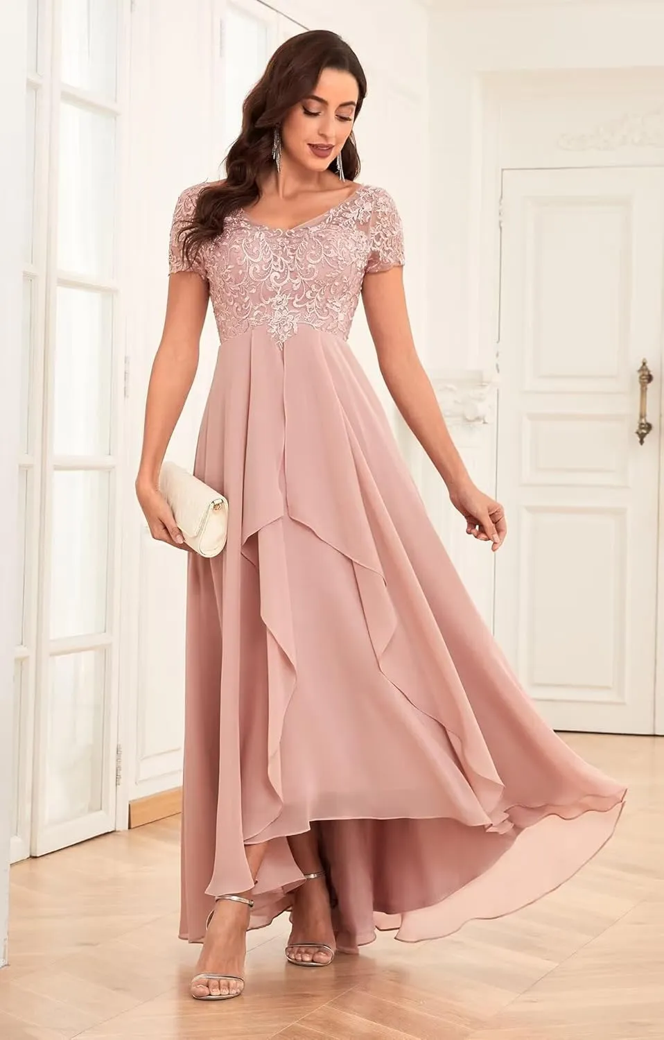 Women's Tea Length Mother of The Bride Dresses for Wedding with Sleeves Lace Applique Formal Dresses