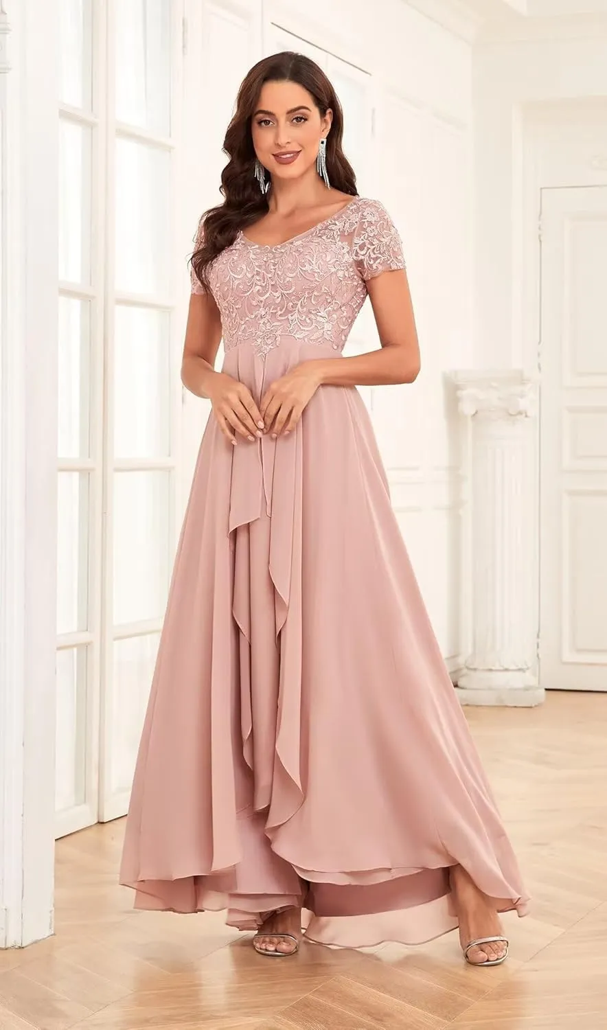 Women's Tea Length Mother of The Bride Dresses for Wedding with Sleeves Lace Applique Formal Dresses