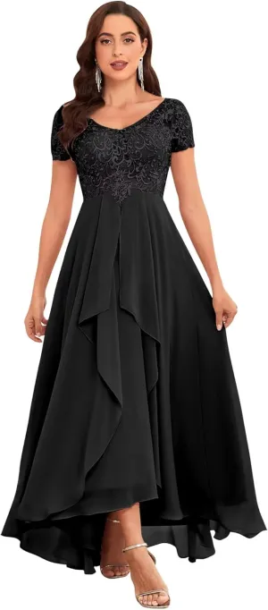 Women's Tea Length Mother of The Bride Dresses for Wedding with Sleeves Lace Applique Formal Dresses