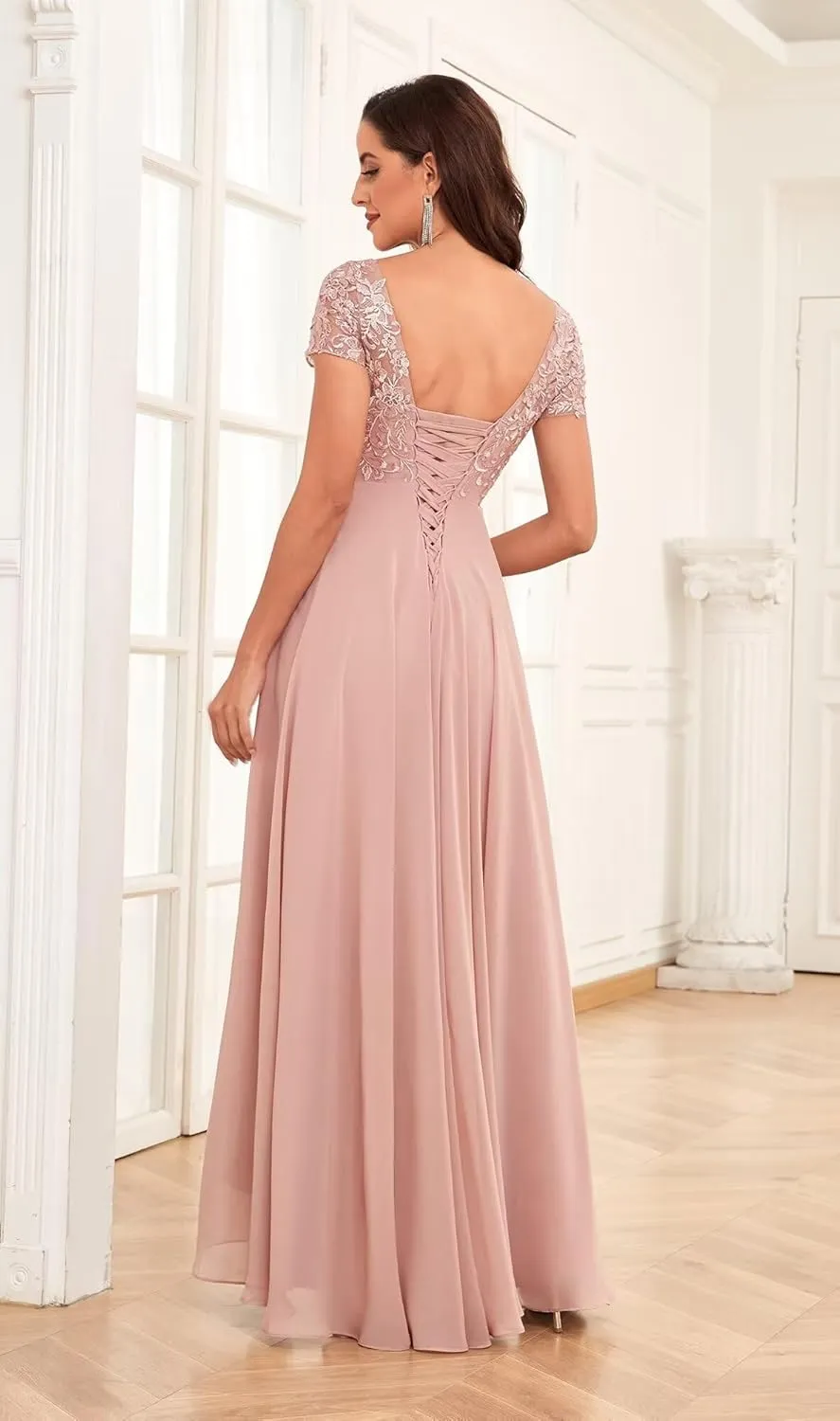 Women's Tea Length Mother of The Bride Dresses for Wedding with Sleeves Lace Applique Formal Dresses