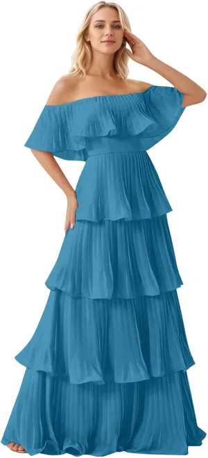 Women's Tiered Bridesmaid Dresses Off Shoulder Chiffon Pleated Prom Dress A Line Formal Evening Dress 2025