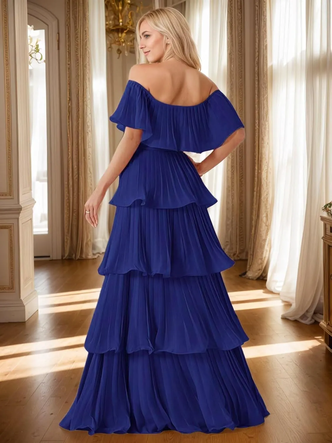 Women's Tiered Bridesmaid Dresses Off Shoulder Chiffon Pleated Prom Dress A Line Formal Evening Dress 2025