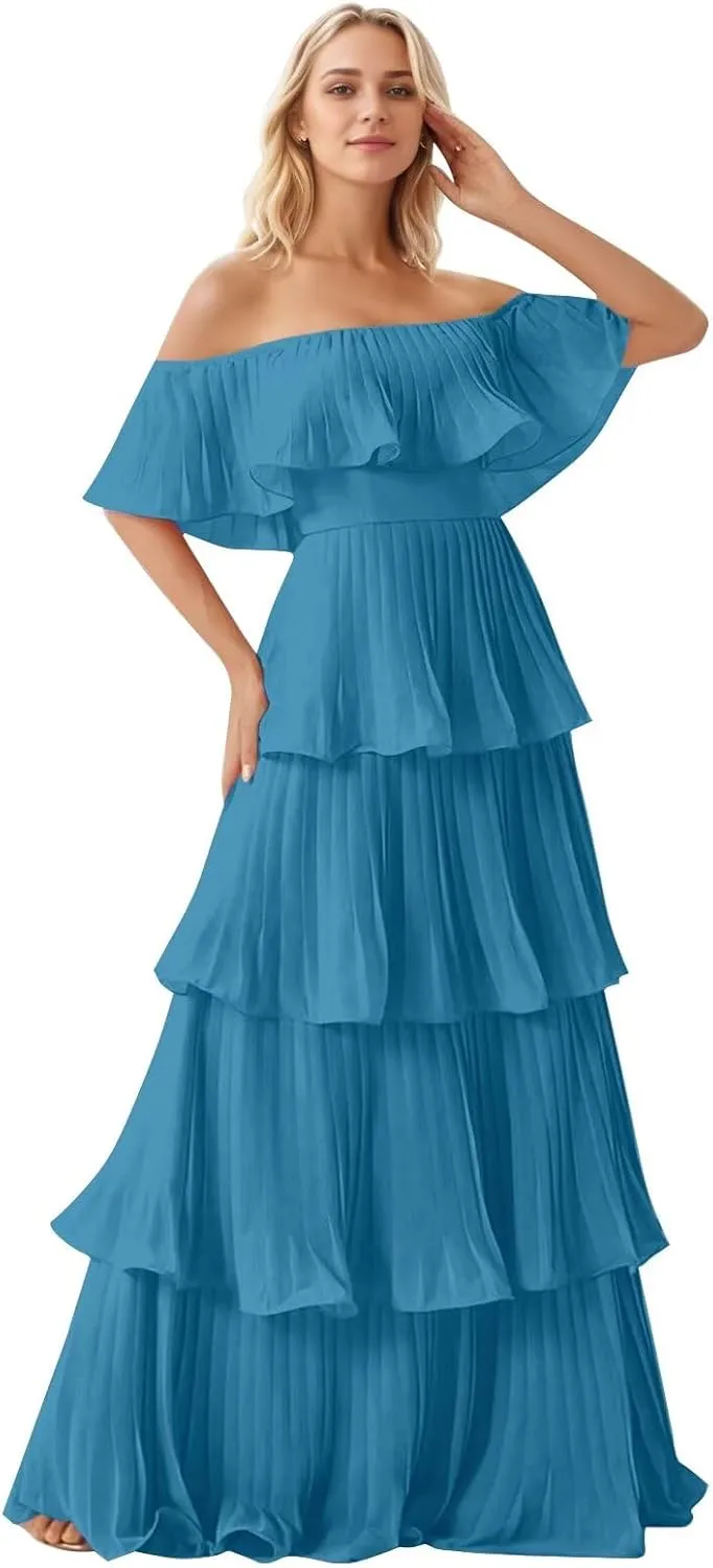 Women's Tiered Bridesmaid Dresses Off Shoulder Chiffon Pleated Prom Dress A Line Formal Evening Dress 2025