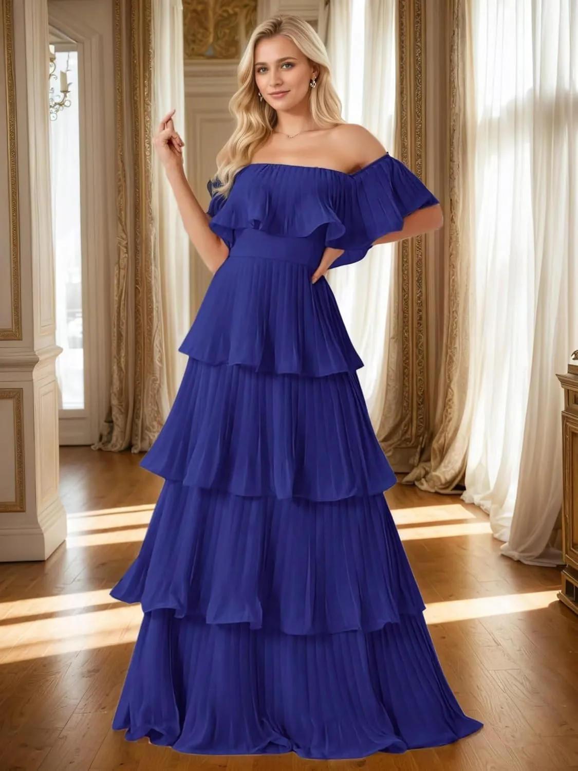 Women's Tiered Bridesmaid Dresses Off Shoulder Chiffon Pleated Prom Dress A Line Formal Evening Dress 2025