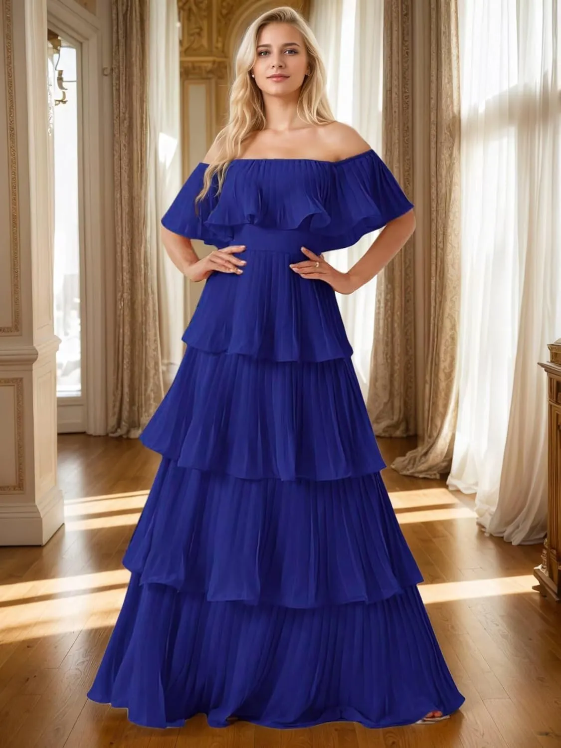 Women's Tiered Bridesmaid Dresses Off Shoulder Chiffon Pleated Prom Dress A Line Formal Evening Dress 2025