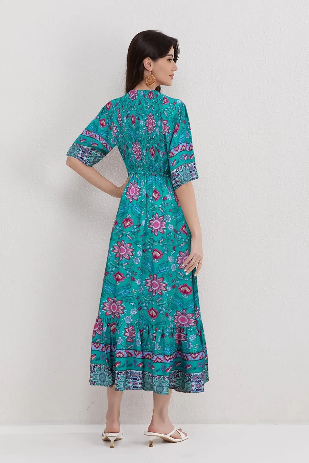 Womens V Neck Short Sleeves High Waist Floral Print Casual Bohemian Midi Dresses