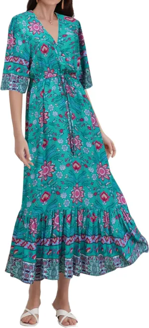 Womens V Neck Short Sleeves High Waist Floral Print Casual Bohemian Midi Dresses