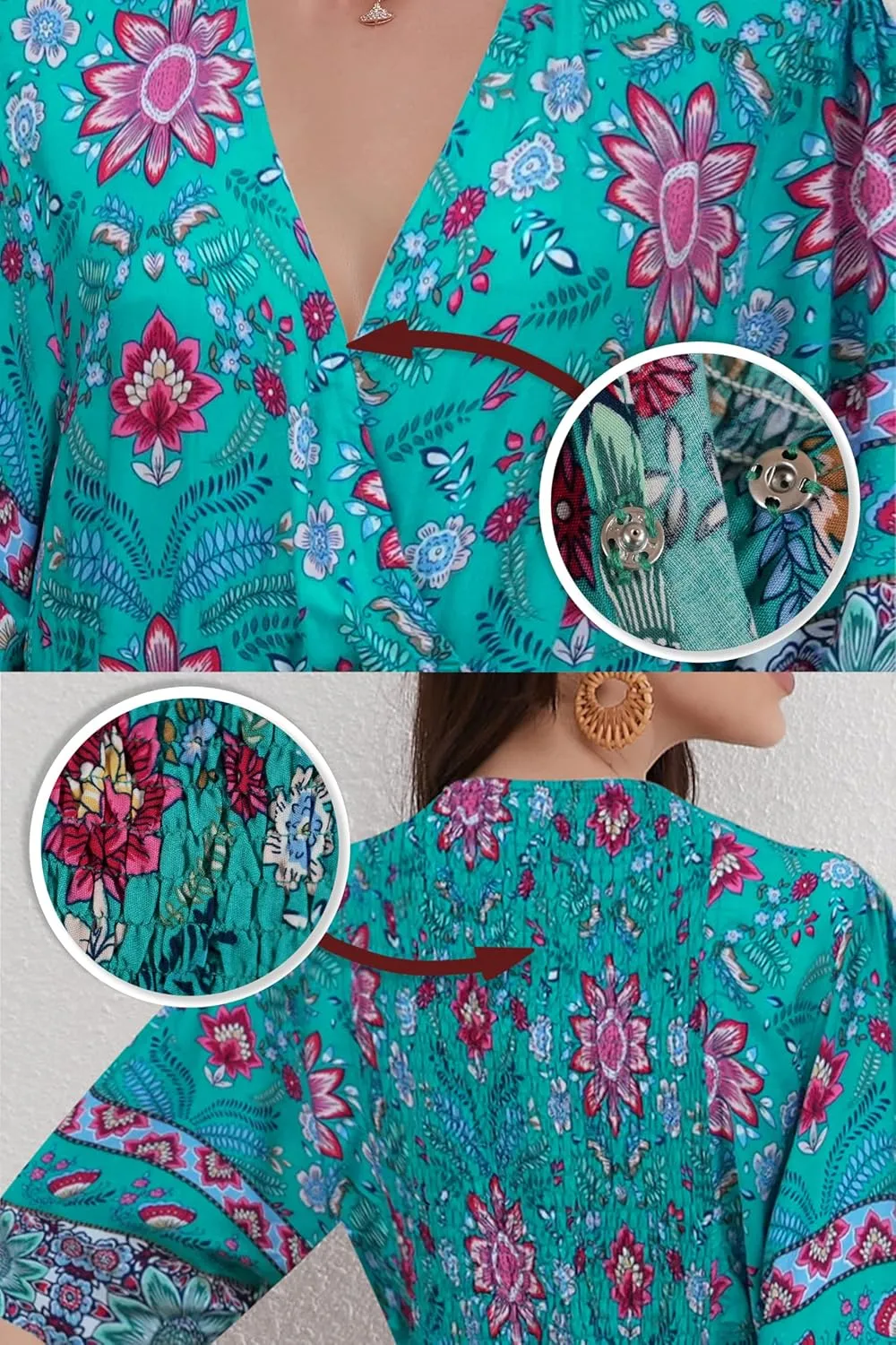 Womens V Neck Short Sleeves High Waist Floral Print Casual Bohemian Midi Dresses