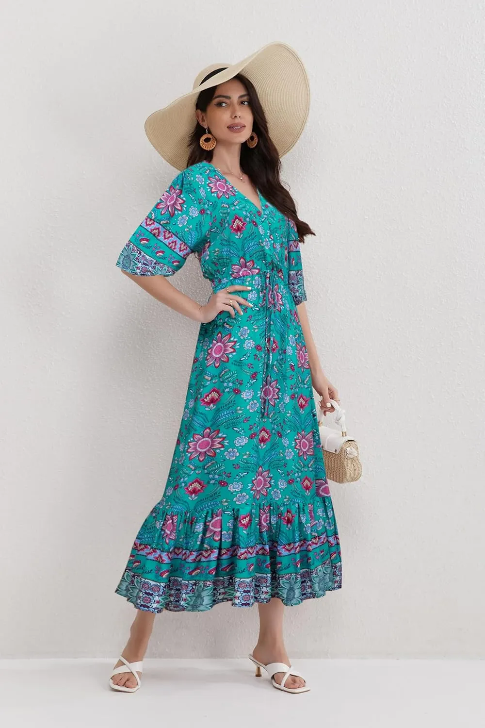 Womens V Neck Short Sleeves High Waist Floral Print Casual Bohemian Midi Dresses