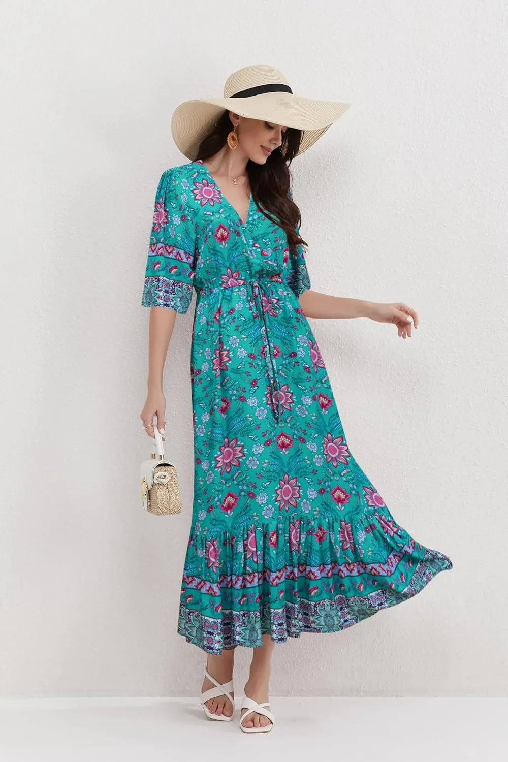 Womens V Neck Short Sleeves High Waist Floral Print Casual Bohemian Midi Dresses