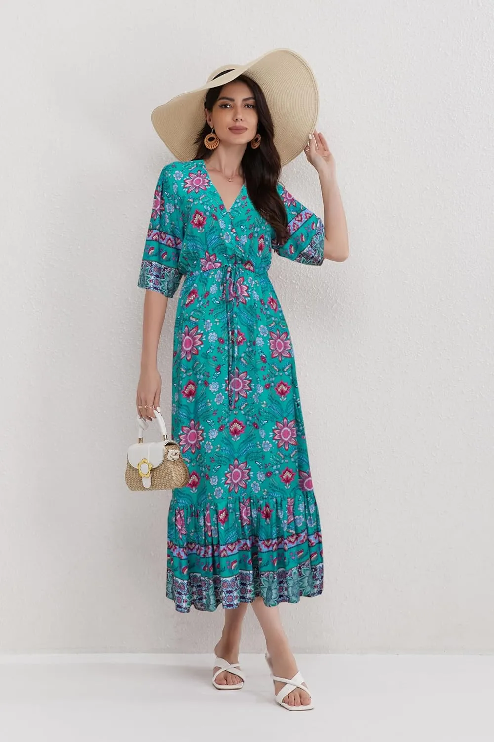 Womens V Neck Short Sleeves High Waist Floral Print Casual Bohemian Midi Dresses