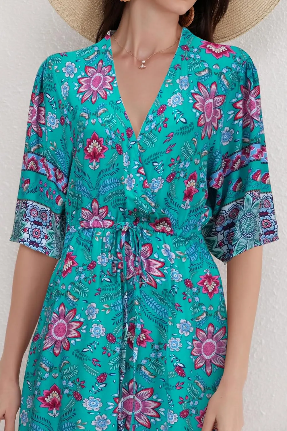 Womens V Neck Short Sleeves High Waist Floral Print Casual Bohemian Midi Dresses