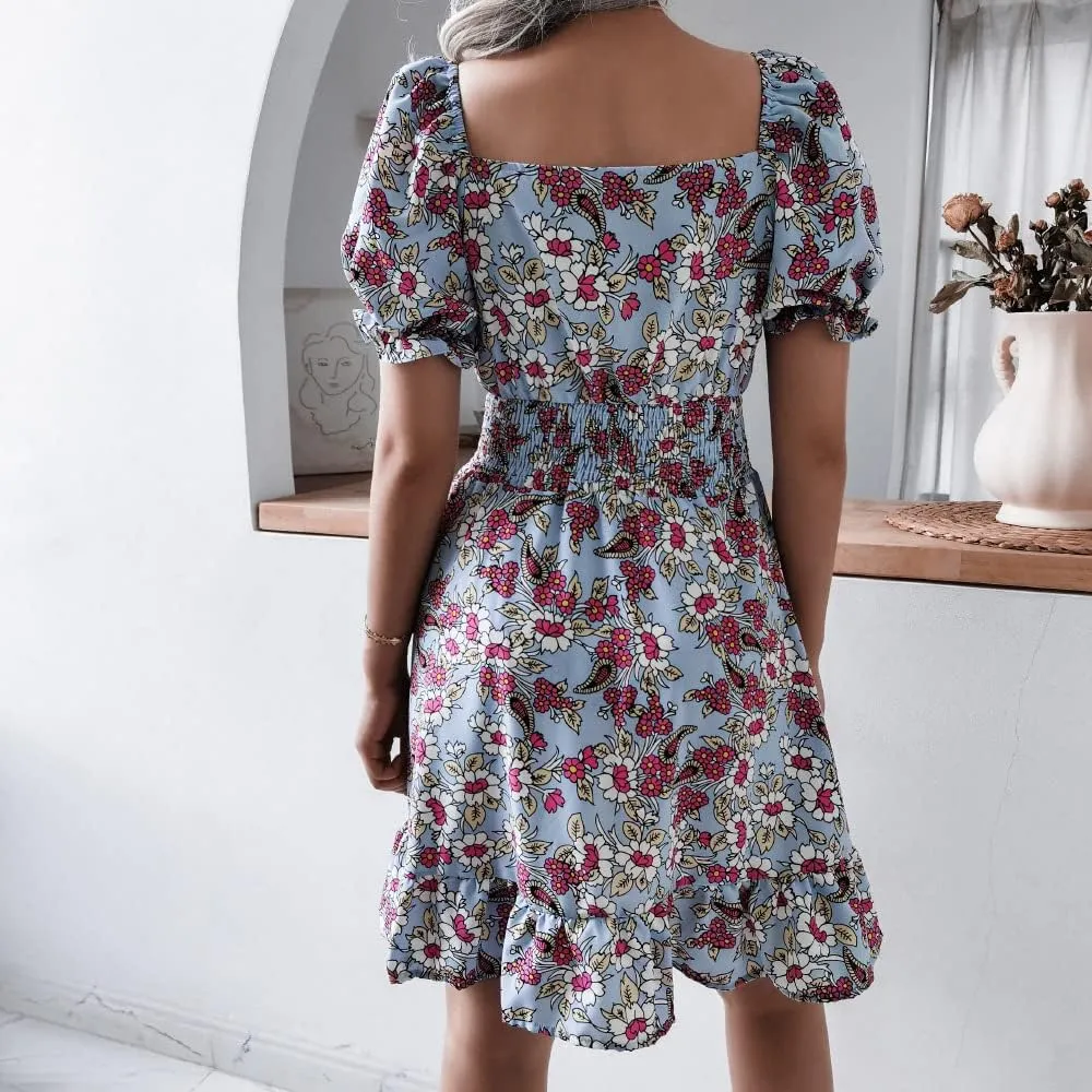 Wuitrie Womens Chiffon Floral Summer Dress Wrap V Neck Short Sleeve Ruffle High Waist Casual Boho Beach Mini Swing Dress
