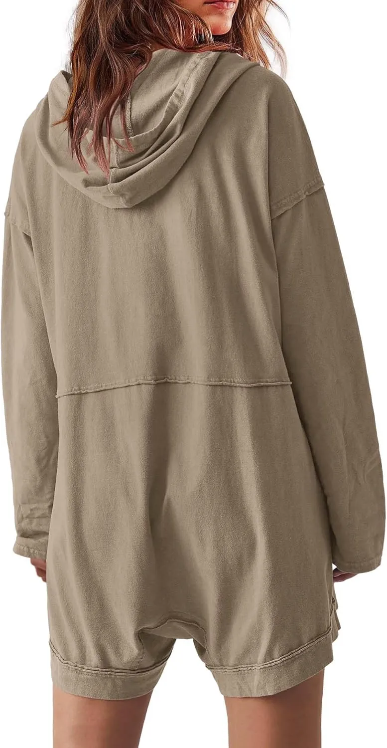 Yanekop Womens Oversized Romper Hoodie Jumpsuit V Neck Short Overalls Casual Long Sleeve Jumpers with Pockets