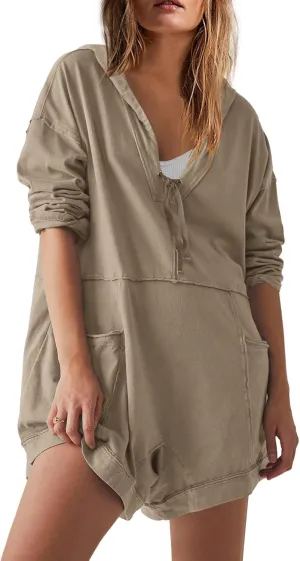 Yanekop Womens Oversized Romper Hoodie Jumpsuit V Neck Short Overalls Casual Long Sleeve Jumpers with Pockets