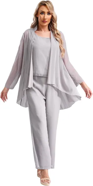 YiZYiF Women's Wedding Guest Pant Suit 3 Piece Mother of Bride Dress Sets Plus Size Evening Gown