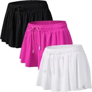Yknktstc 3 Pack Womens 2 in 1 Flowy Running Shorts with Pockets Gym Yoga Athletic Workout Biker Spandex Lounge Sweat Skirt