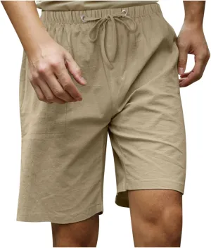 Ymosrh Men's Shorts Fashion Casual Cotton Hemp Drawstring Solid Color Beach Shorts Pants Casual, M-5XL