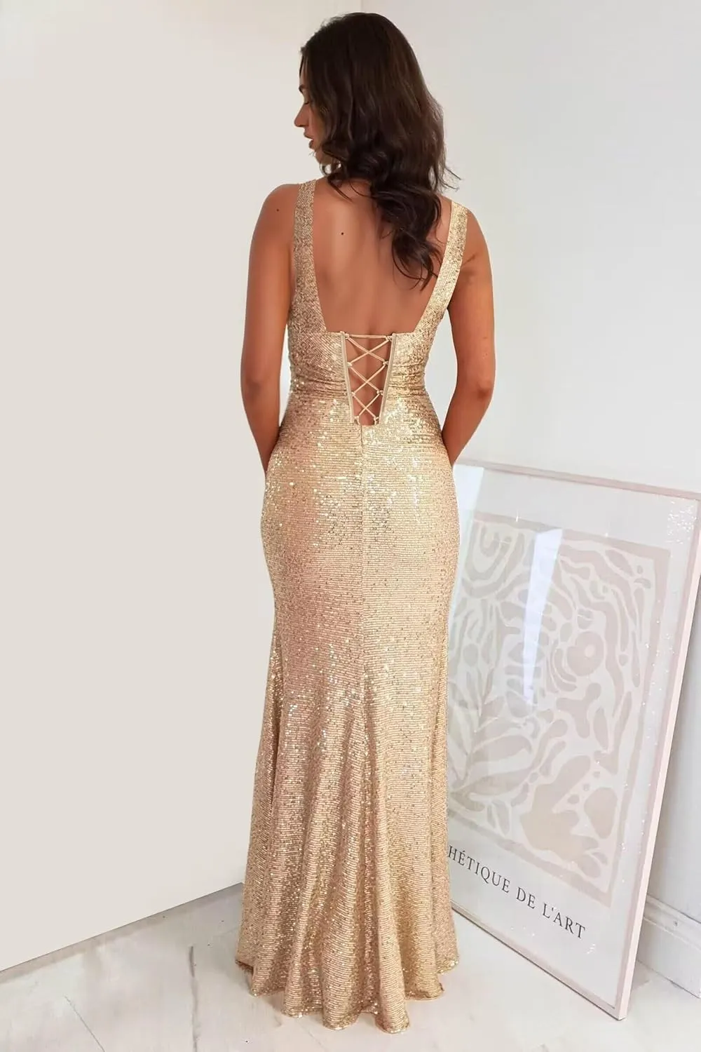 YMSHA Cowl Neck Pleated Side Slit Prom Dresses for Teens Mermaid Sequin Formal Evening Gowns YMS407
