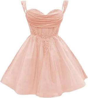 Youjiayi 3D Floral Tulle Homecoming Dresses for Teens Off Shoulder Beaded DAMA Dress for Quinceanera Lace Short Ball Gown