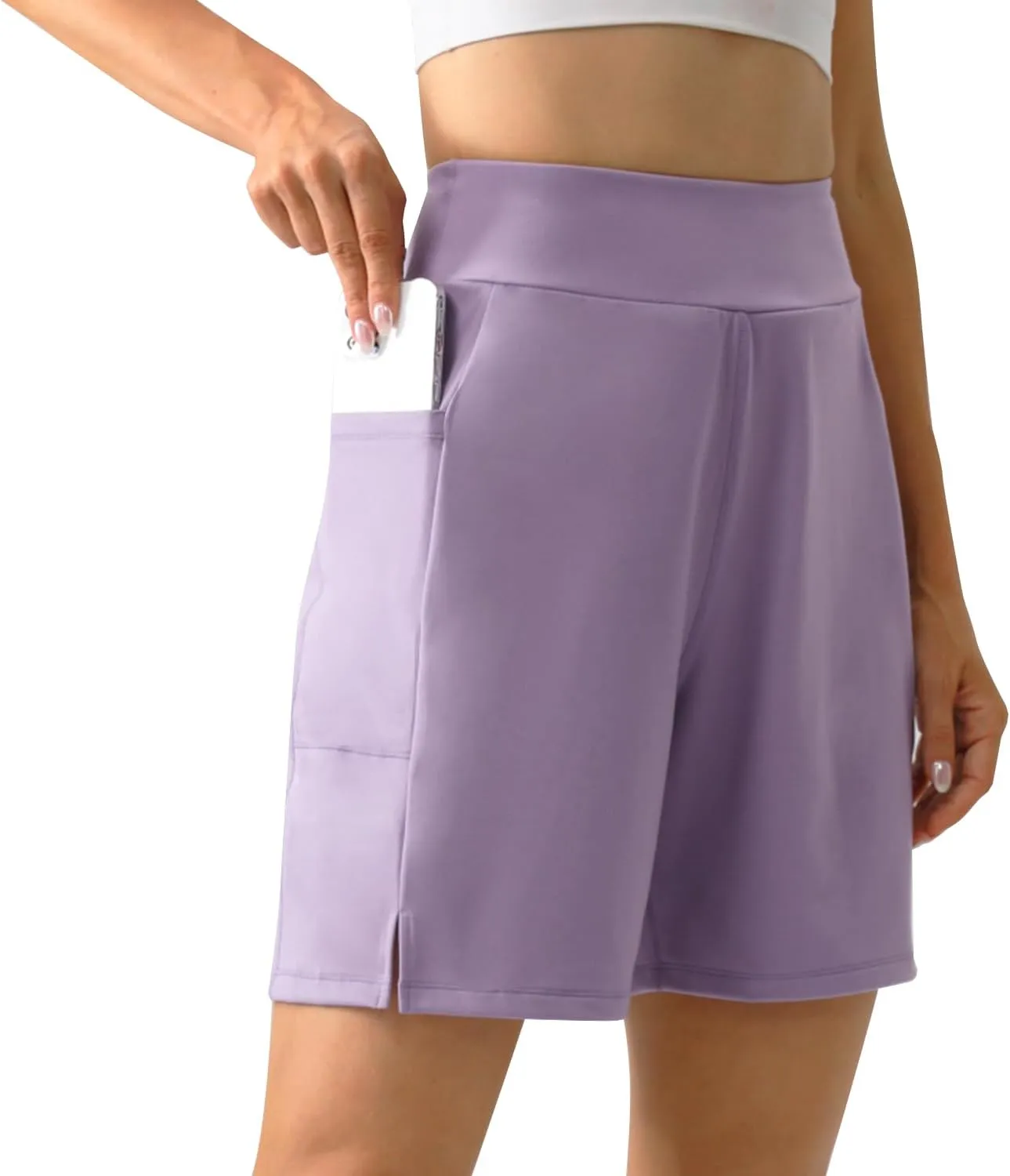 YOYOYOGA Bermuda Shorts for Women Stretchy Soft Yoga Shorts with Pockets High Waisted Workout Running Athletic Short