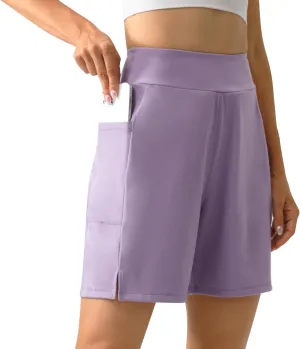 YOYOYOGA Bermuda Shorts for Women Stretchy Soft Yoga Shorts with Pockets High Waisted Workout Running Athletic Short