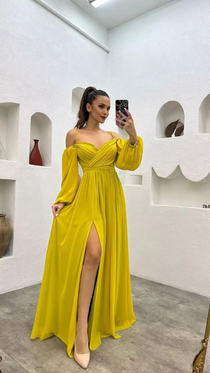 YUAOHUANG Women's Off The Shoulder Long Sleeve Chiffon Bridesmaid Dresses Long Slit Spaghetti Strap Formal Party Dress