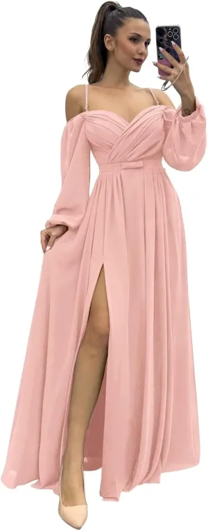 YUAOHUANG Women's Off The Shoulder Long Sleeve Chiffon Bridesmaid Dresses Long Slit Spaghetti Strap Formal Party Dress