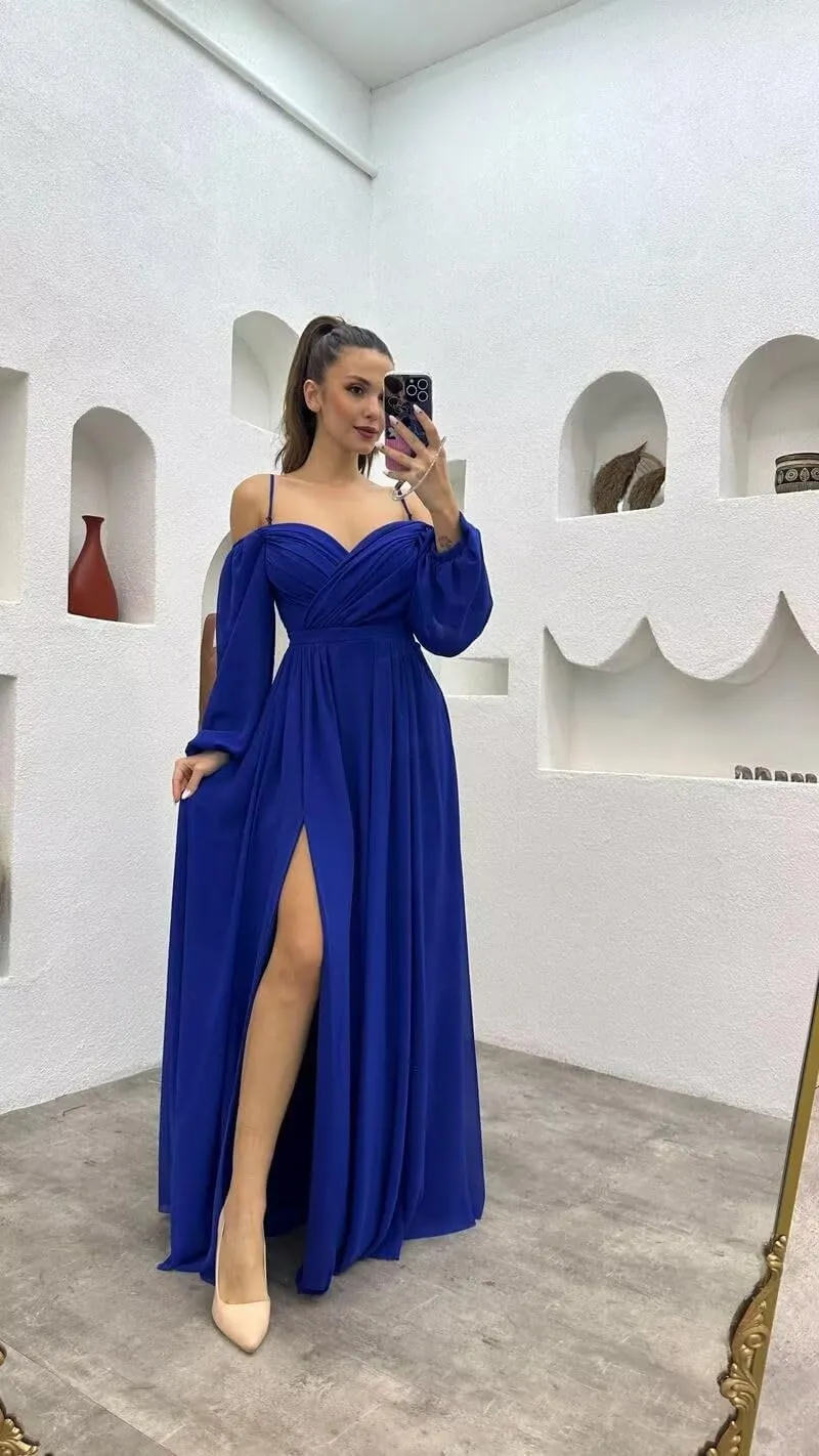 YUAOHUANG Women's Off The Shoulder Long Sleeve Chiffon Bridesmaid Dresses Long Slit Spaghetti Strap Formal Party Dress
