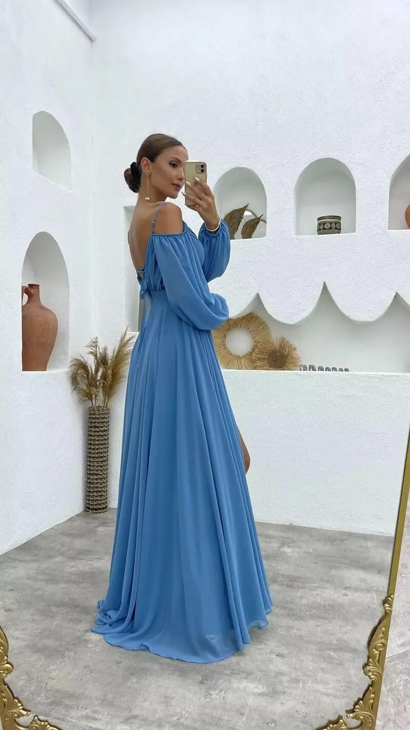 YUAOHUANG Women's Off The Shoulder Long Sleeve Chiffon Bridesmaid Dresses Long Slit Spaghetti Strap Formal Party Dress