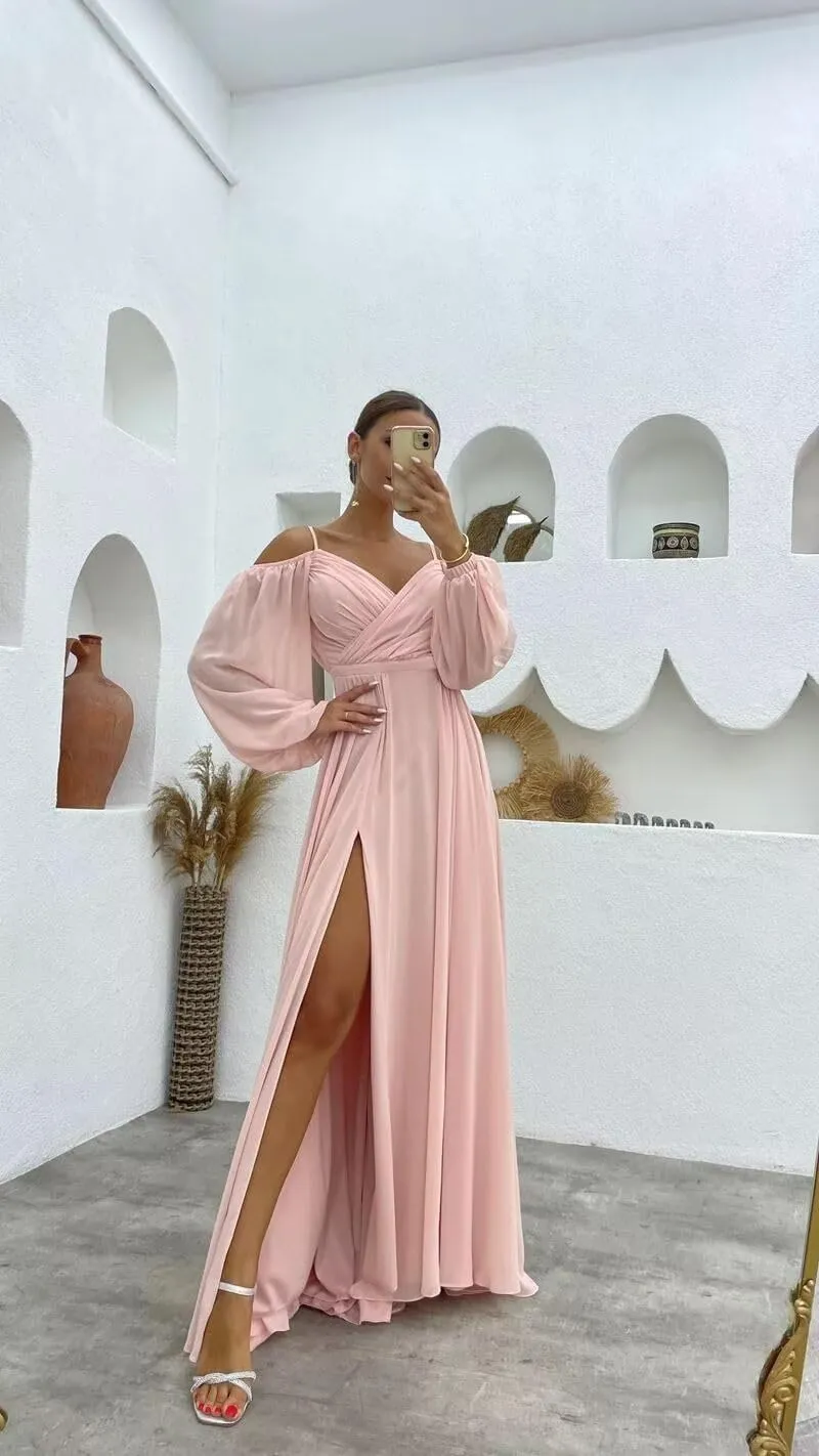 YUAOHUANG Women's Off The Shoulder Long Sleeve Chiffon Bridesmaid Dresses Long Slit Spaghetti Strap Formal Party Dress