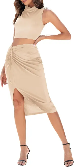 ZAFUL 2024 Two Piece Skirt Set with Slit for Women Summer Sets Vacation Outfits Cocktail Dresses Elegant Midi Dress