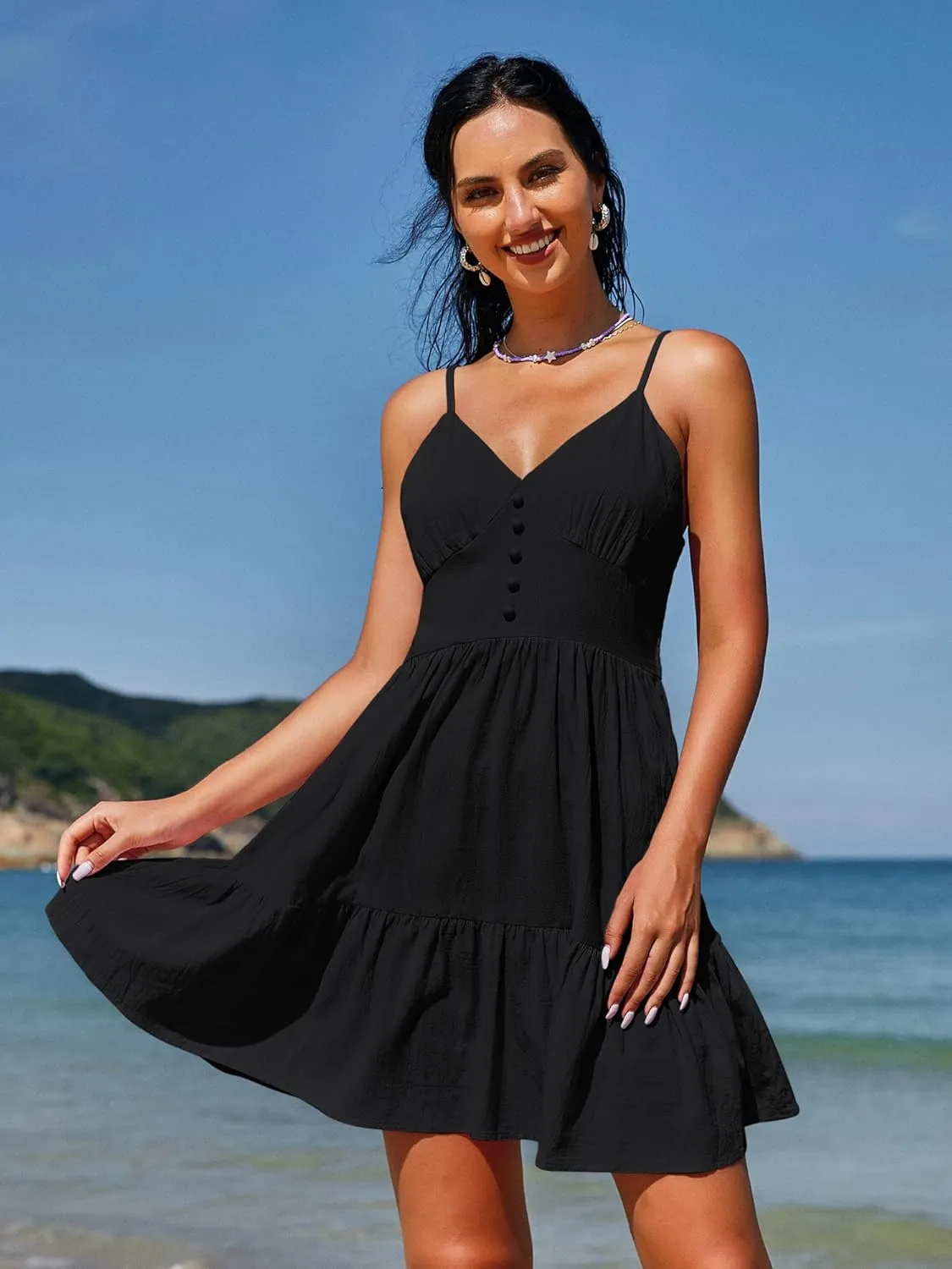 ZAFUL Women's Casual V Neck Summer Mini Dress Spaghetti Strap A-Line Short Dresses Backless Solid Color Sundress