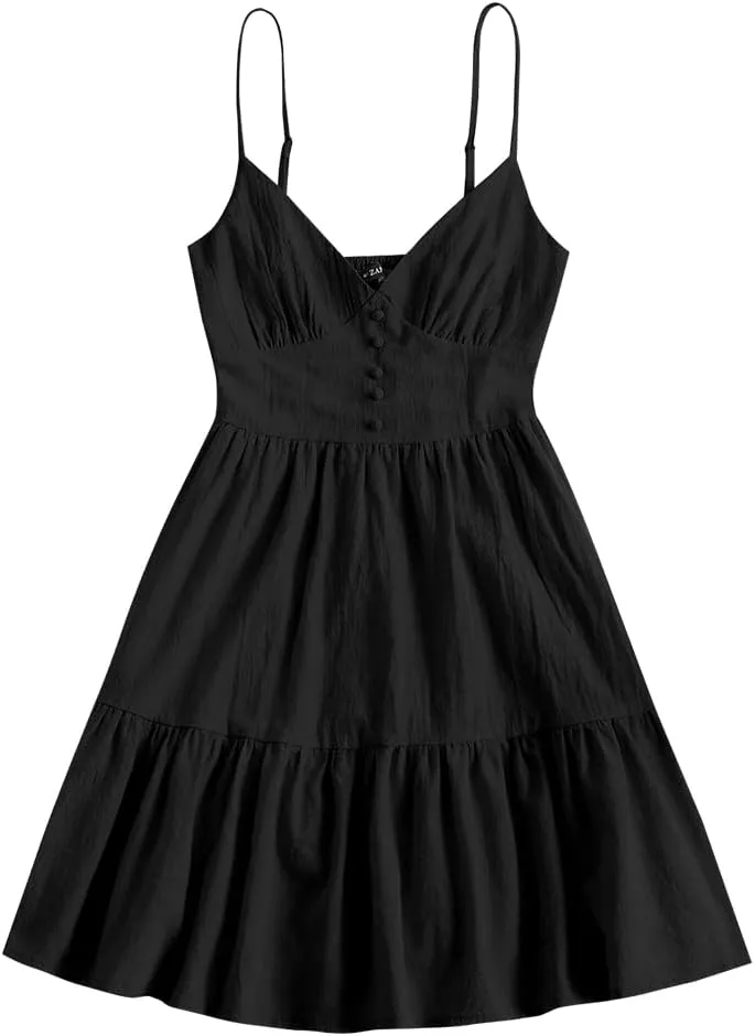 ZAFUL Women's Casual V Neck Summer Mini Dress Spaghetti Strap A-Line Short Dresses Backless Solid Color Sundress